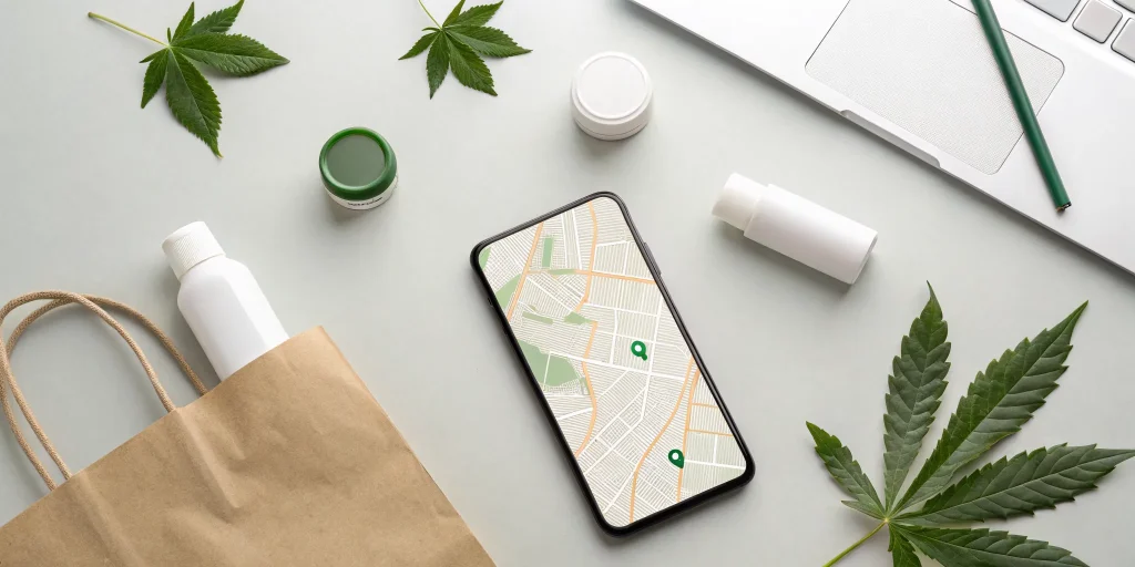 flat lay of a smartphone displaying a map next to cannabis products and a shopping bag