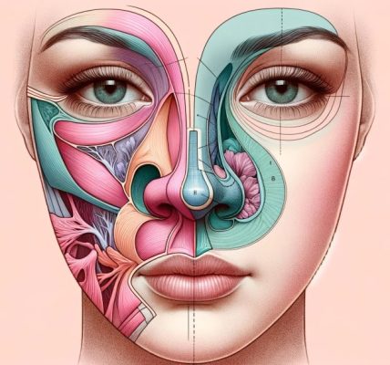Detailed anatomical illustration of a woman's face showing the nasal and alar regions with anatomical structures.