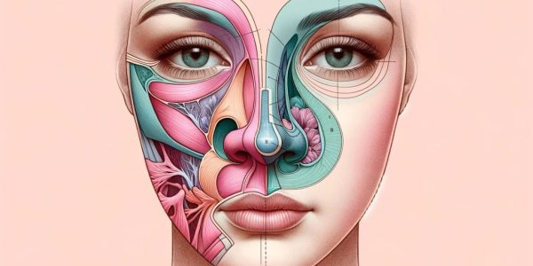 Detailed anatomical illustration of a woman's face showing the nasal and alar regions with anatomical structures.