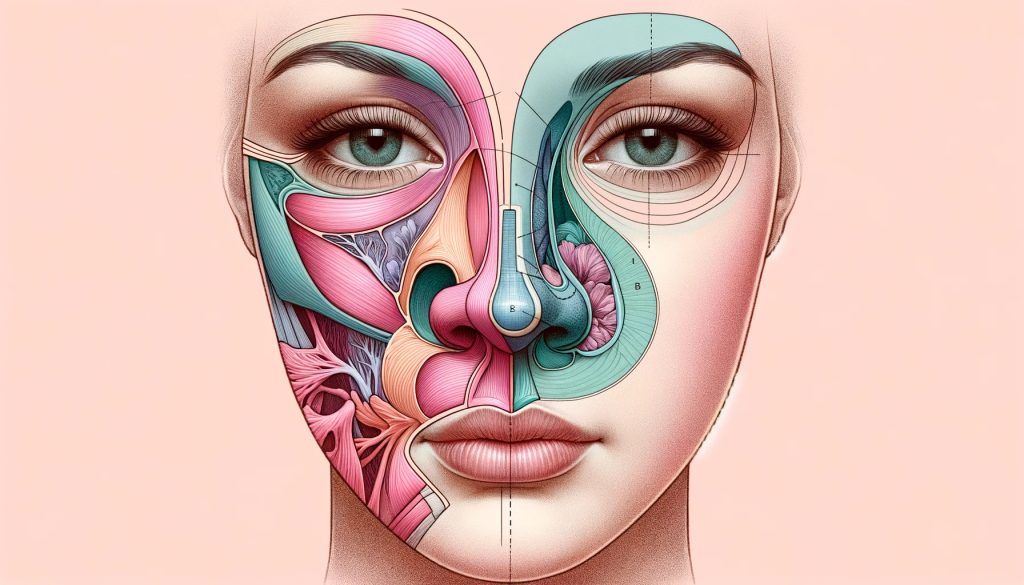 Detailed anatomical illustration of a woman's face showing the nasal and alar regions with anatomical structures.