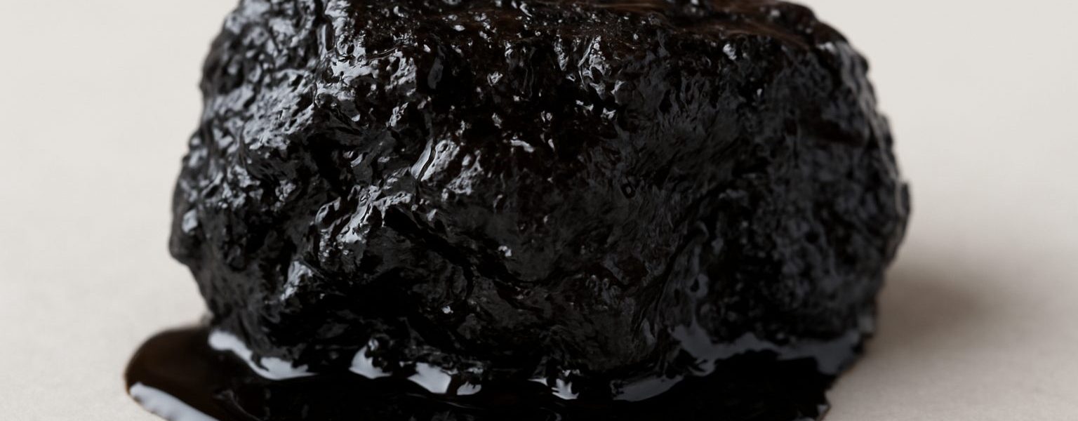 Close-up of a piece of shilajit on a neutral background