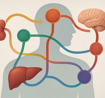 an abstract illustration of a human silhouette highlighting various organs and bodily functions