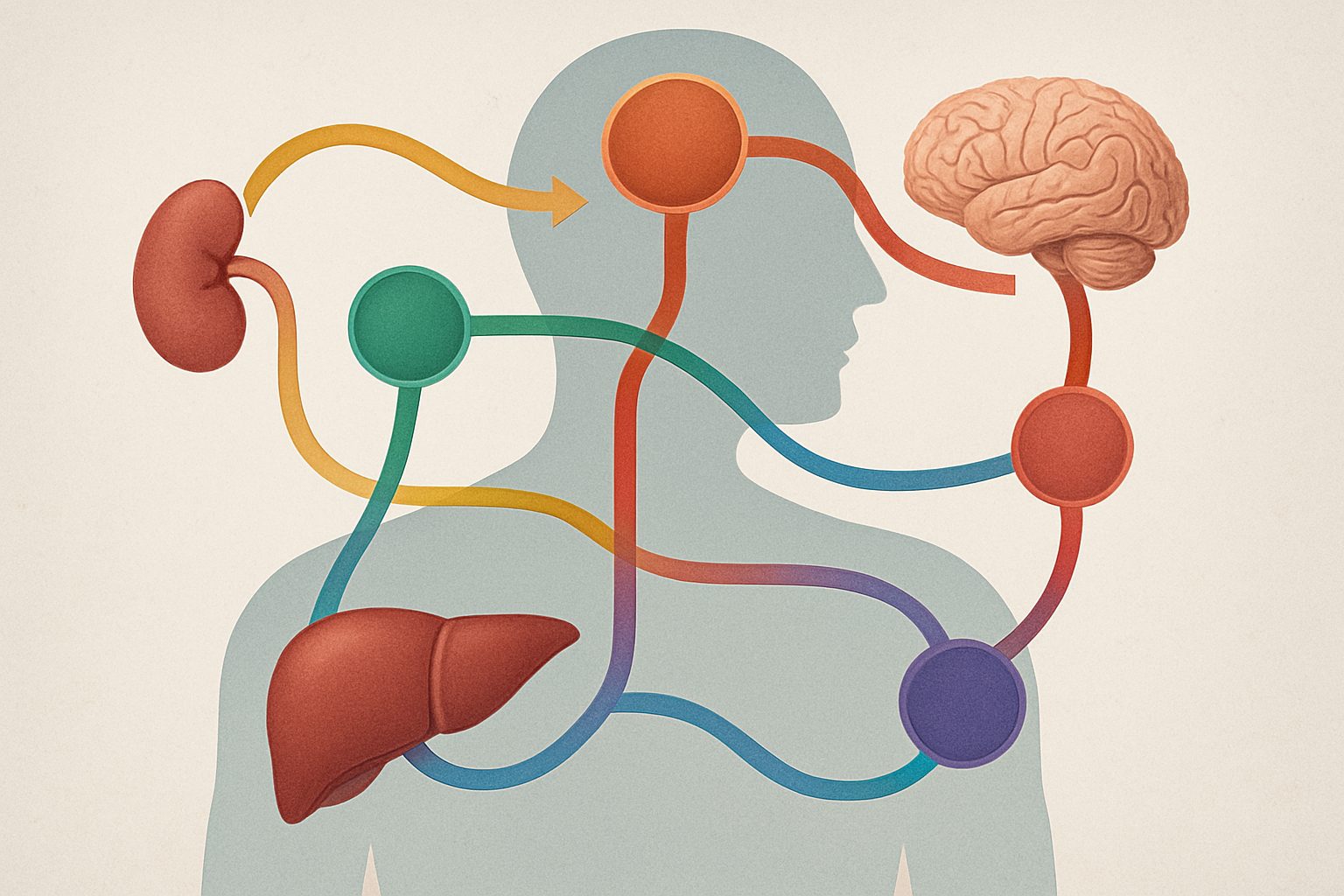 an abstract illustration of a human silhouette highlighting various organs and bodily functions
